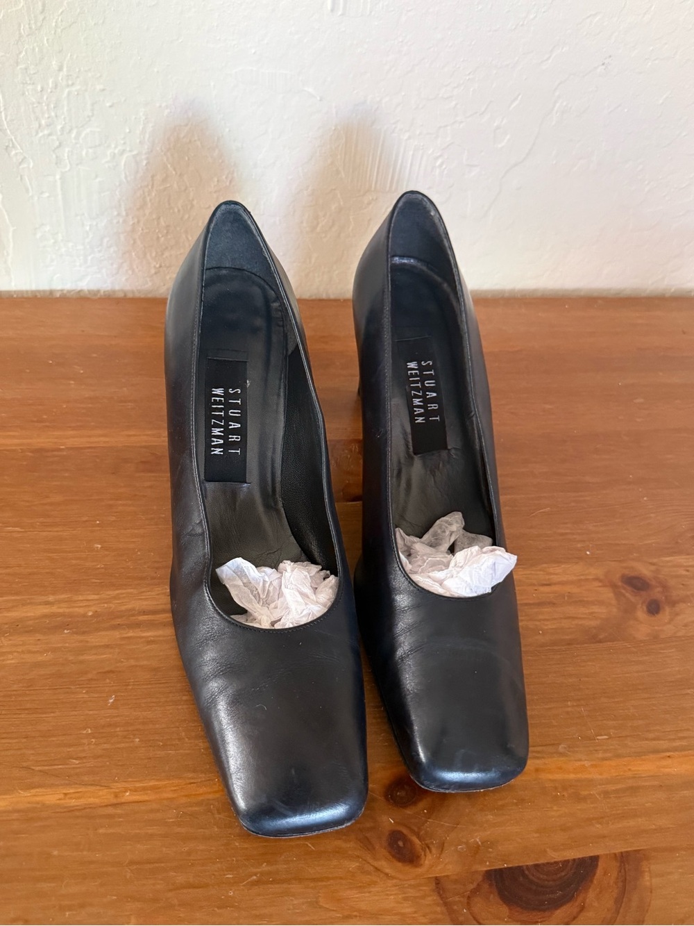 Stuart Weitzman Navy Leather Square-Toe Pumps
